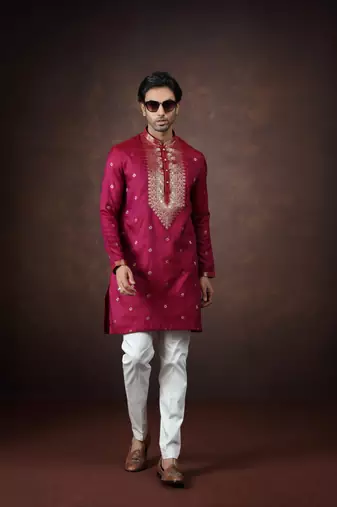 Pink jacquard kurta pajama for men