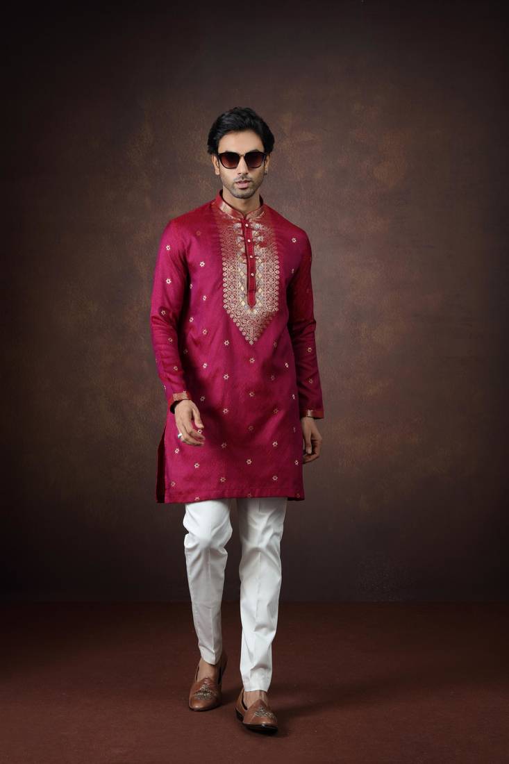Pink jacquard kurta pajama for men