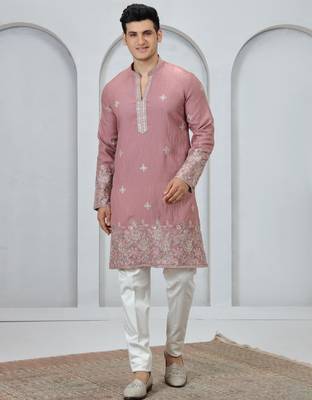 Pink embroidery on art silk  kurta pajama for men 1