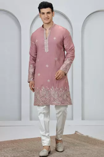 Pink embroidery on art silk  kurta pajama for men