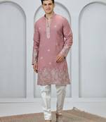 Pink embroidery on art silk  kurta pajama for men