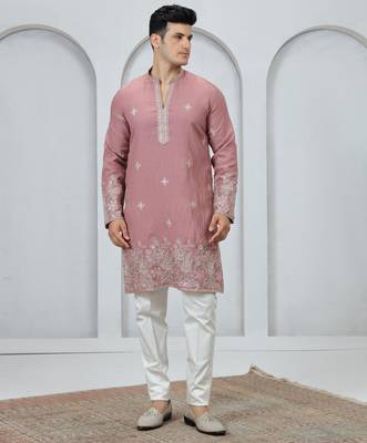 Pink embroidery on art silk  kurta pajama for men 2