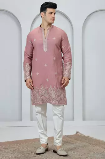 Pink embroidery on art silk  kurta pajama for men
