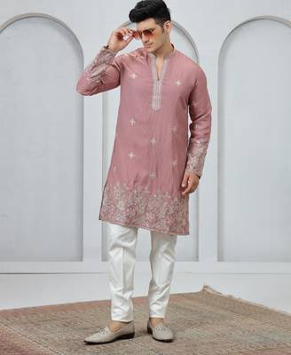 Pink embroidery on art silk  kurta pajama for men 3