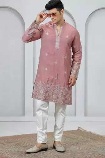 Pink embroidery on art silk  kurta pajama for men
