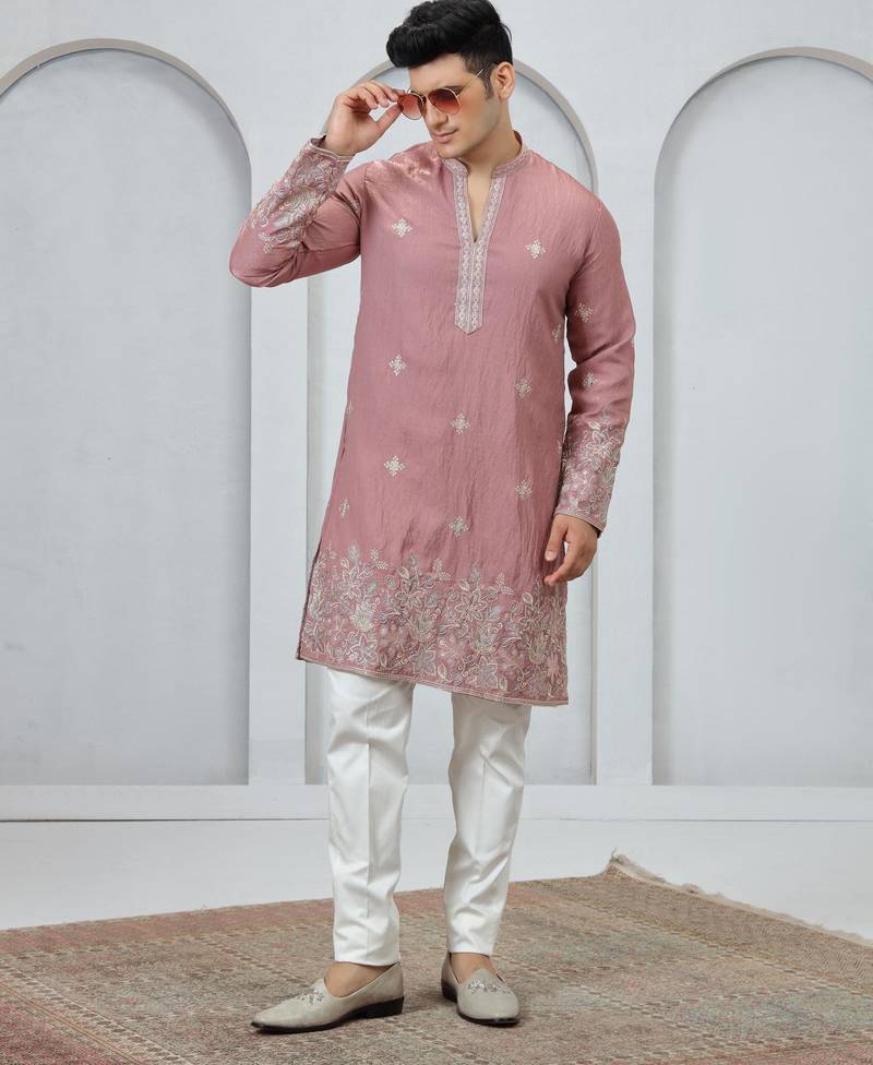 Pink embroidery on art silk  kurta pajama for men