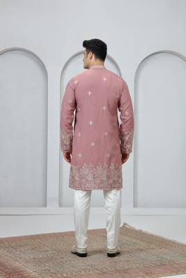 Pink embroidery on art silk  kurta pajama for men 4