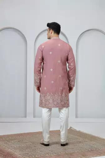 Pink embroidery on art silk  kurta pajama for men