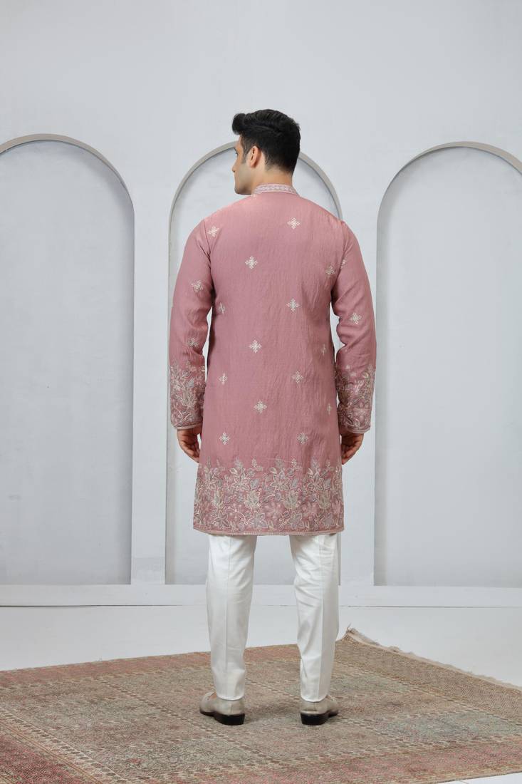 Pink embroidery on art silk  kurta pajama for men