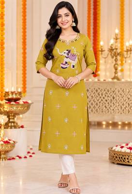 Women’s mustard elephant motif embroidered rayon stitched straight kurti 1