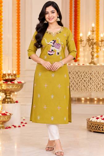 Women’s mustard elephant motif embroidered rayon stitched straight kurti