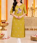 Women’s mustard elephant motif embroidered rayon stitched straight kurti