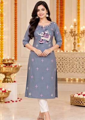 Women’s grey elephant motif embroidered rayon stitched straight kurti 1