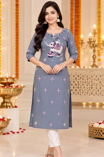 Women’s grey elephant motif embroidered rayon stitched straight kurti