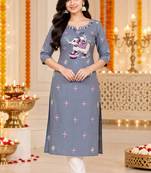 Women’s grey elephant motif embroidered rayon stitched straight kurti