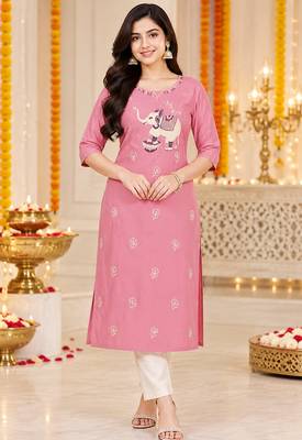 Women’s pink elephant motif embroidered rayon stitched straight kurti 1