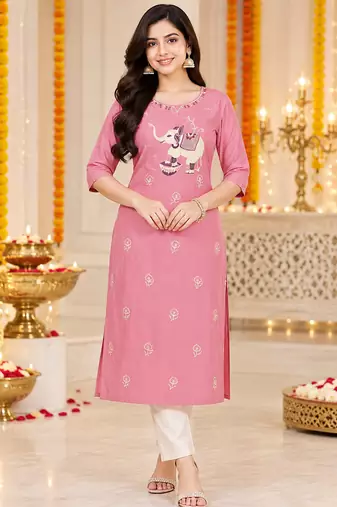 Women’s pink elephant motif embroidered rayon stitched straight kurti