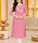 Women’s pink elephant motif embroidered rayon stitched straight kurti