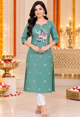 Women’s teal elephant motif embroidered rayon stitched straight kurti 1