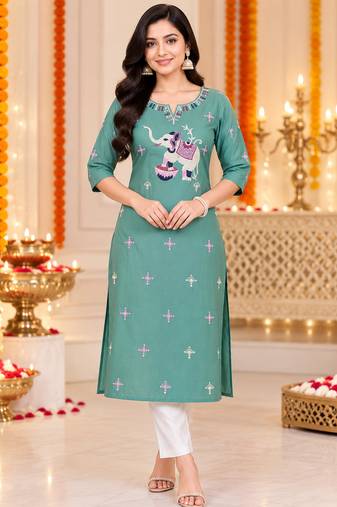 Women’s teal elephant motif embroidered rayon stitched straight kurti
