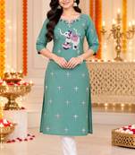 Women’s teal elephant motif embroidered rayon stitched straight kurti