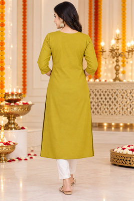 Women’s mustard elephant motif embroidered rayon stitched straight kurti 2