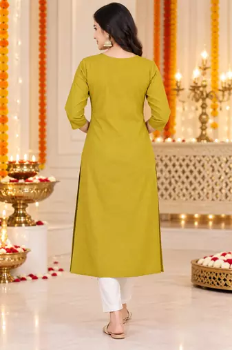 Women’s mustard elephant motif embroidered rayon stitched straight kurti