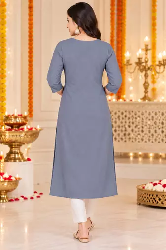 Women’s grey elephant motif embroidered rayon stitched straight kurti