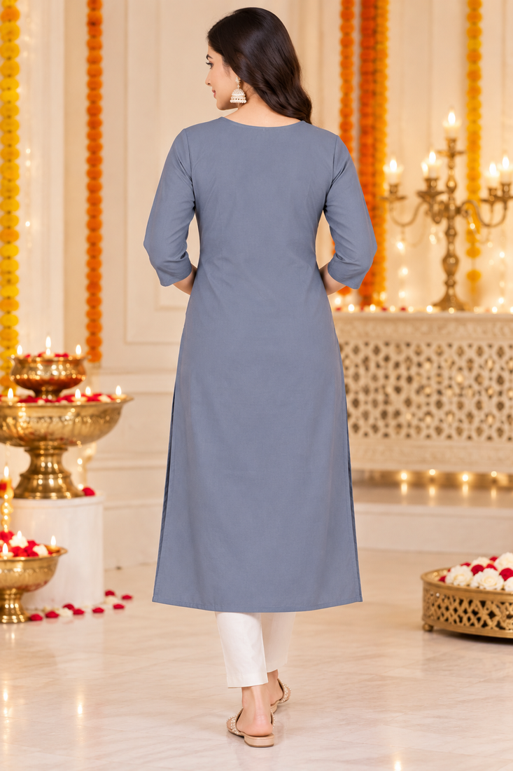 Women’s grey elephant motif embroidered rayon stitched straight kurti