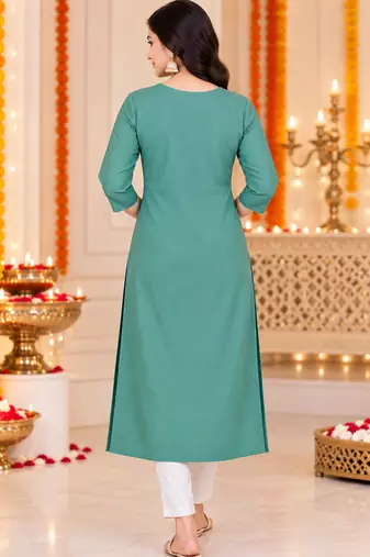 Women’s teal elephant motif embroidered rayon stitched straight kurti