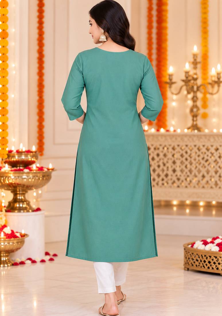 Women’s teal elephant motif embroidered rayon stitched straight kurti