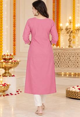 Women’s pink elephant motif embroidered rayon stitched straight kurti 2