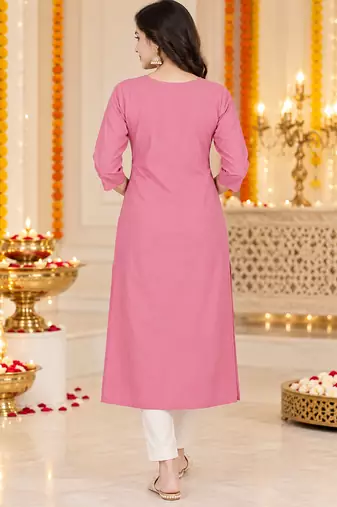 Women’s pink elephant motif embroidered rayon stitched straight kurti