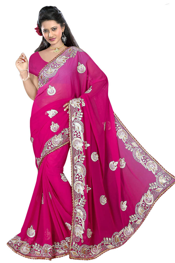 pink embroidered georgette saree with blouse