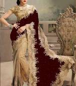 Maroon and Cream  embroidered Net saree with blouse