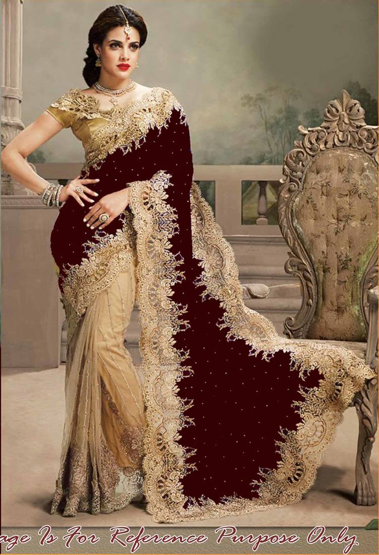 Maroon and Cream  embroidered Net saree with blouse