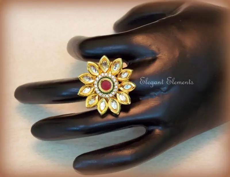 Lotus flower, kundan and AD stud adjustable ring