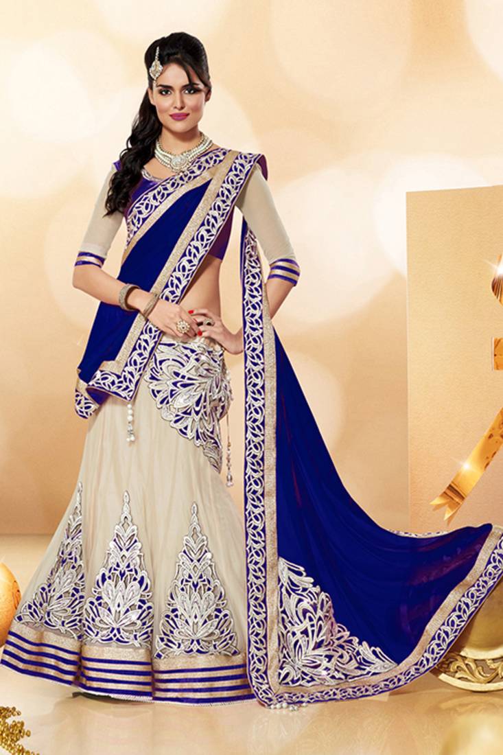 Cream and Navy Blue Embroidered Net,Silk Designer Lehngha Choli with blouse