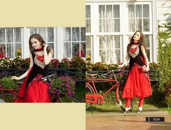 Red embroidered velvet semi stitched salwar with dupatta 1