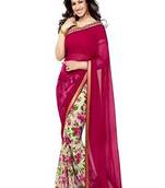 Pink printed chiffon saree with blouse