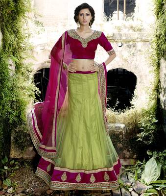 Green  Net with Silk inner Embroiderd unstitched pakistani Lehenga Choli 1