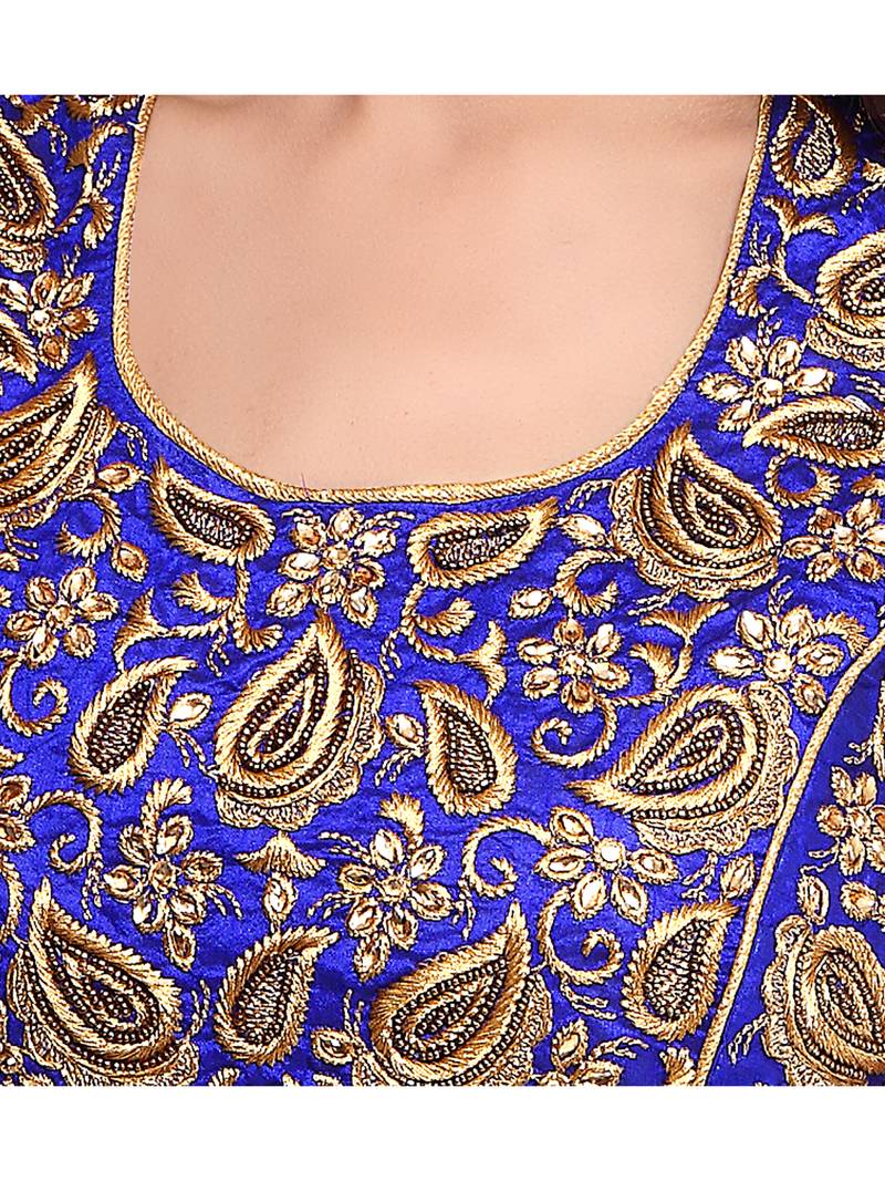 Buy Blue Color Raw Silk Embroidered Readymade blouse designs Online