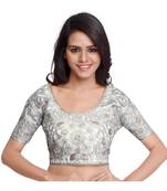 Silver Color Raw Silk Embroidered Readymade blouse pattern