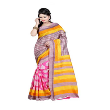 Yellow and Pink printed printed silk saree with blouse 1