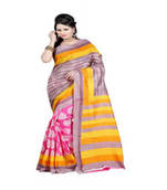 Yellow and Pink printed printed silk saree with blouse