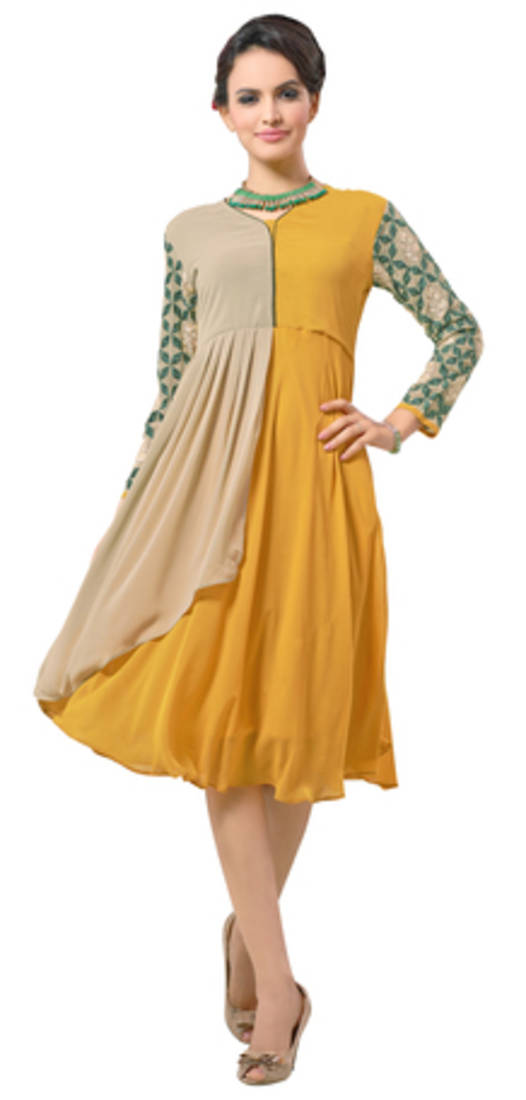 Charismatic Beige And Yellow Ocur Color Georgette Fabric Kurti