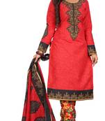 Red printed cotton poly unstitched salwar with dupatta