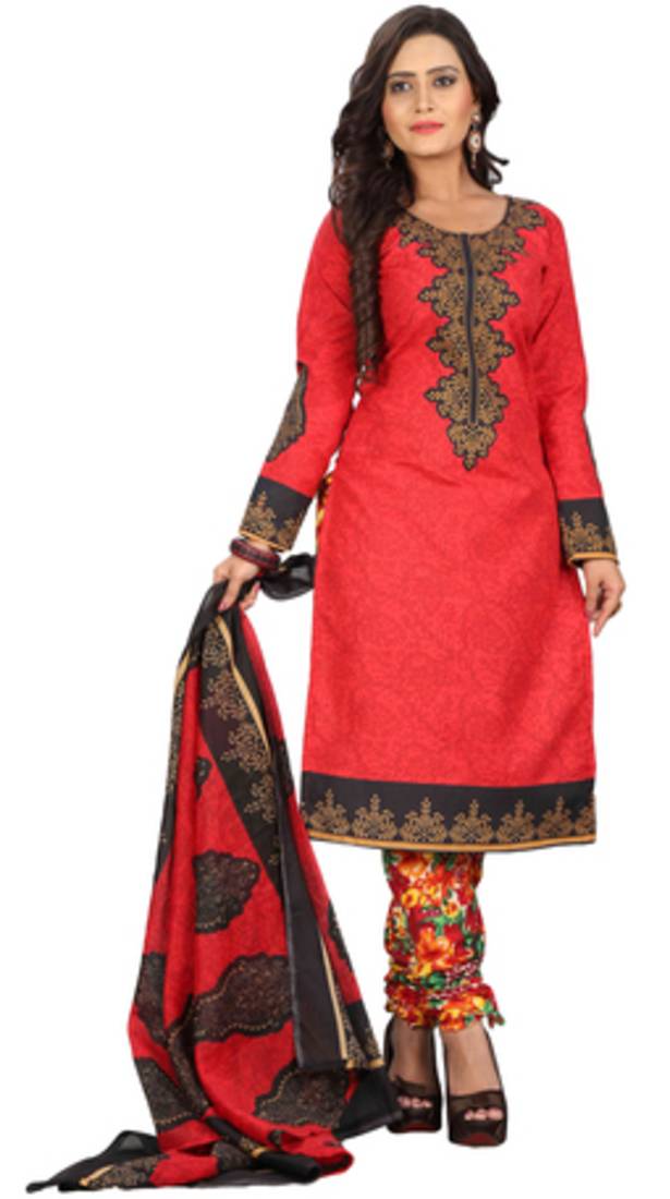 Red printed cotton poly unstitched salwar with dupatta