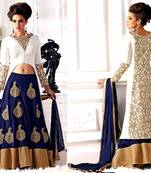 Off white cotton and blue silk velvet bridal salwar with dupatta