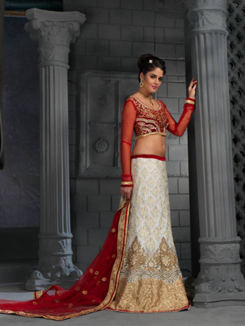 White and Red Net embroidered lehenga-choli